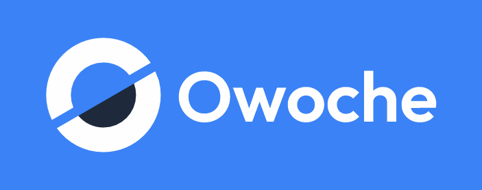 Owoche logo reversed on brand blue