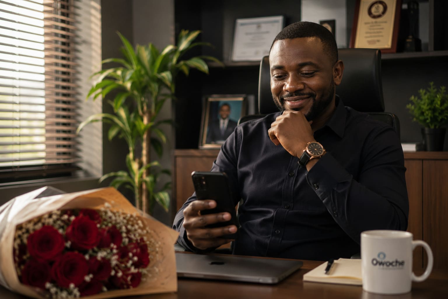 A man smiling at a message, a bouquet of roses on his desk
