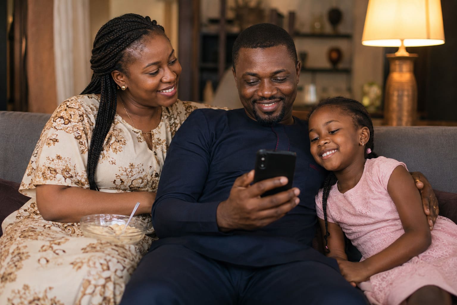 A father showing his phone to his wife and young daughter on the sofa