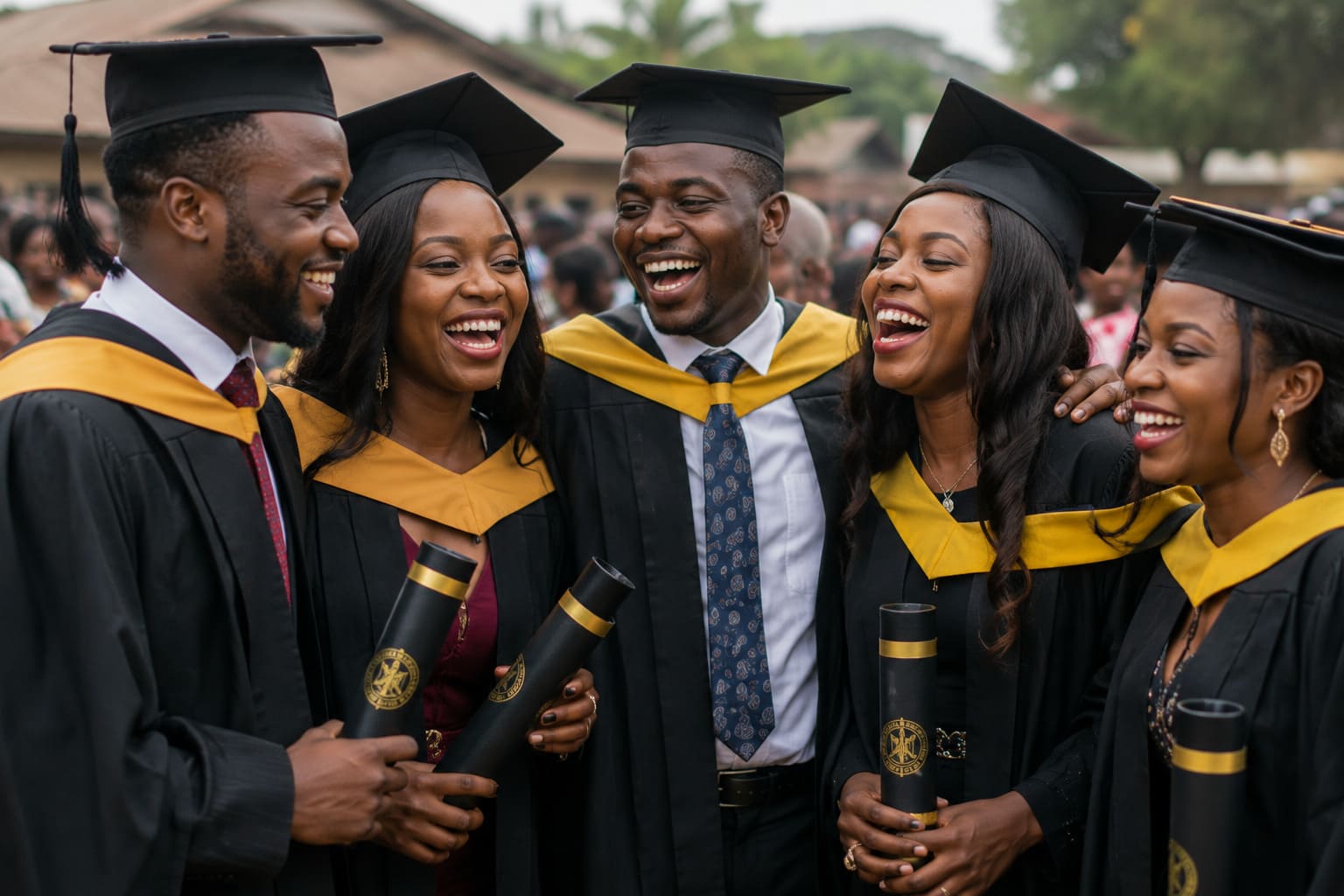 Friends laughing together at their graduation, holding their certificates