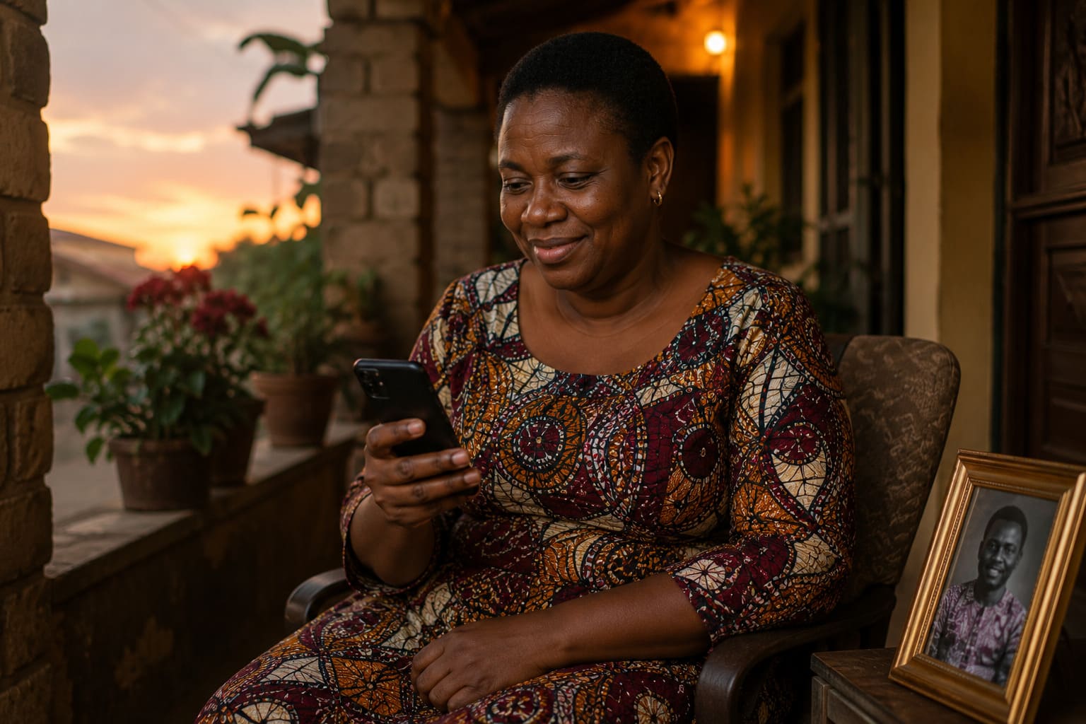 An older woman at sunset on her veranda, a framed photograph beside her