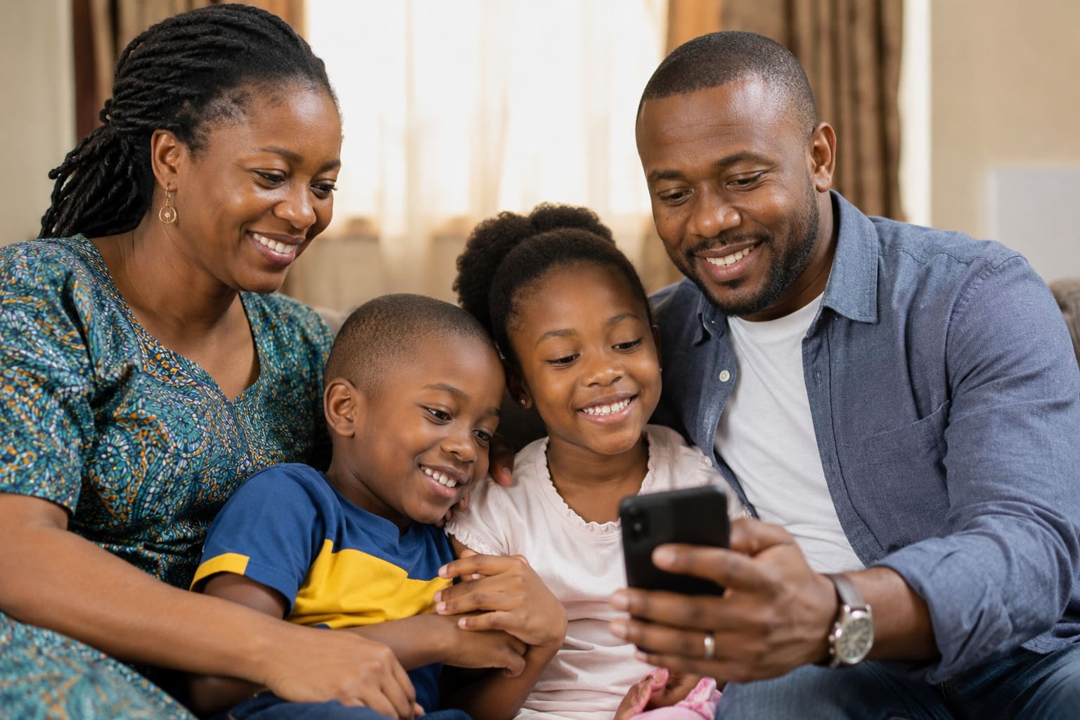 A Nigerian family opening a gift together on a phone