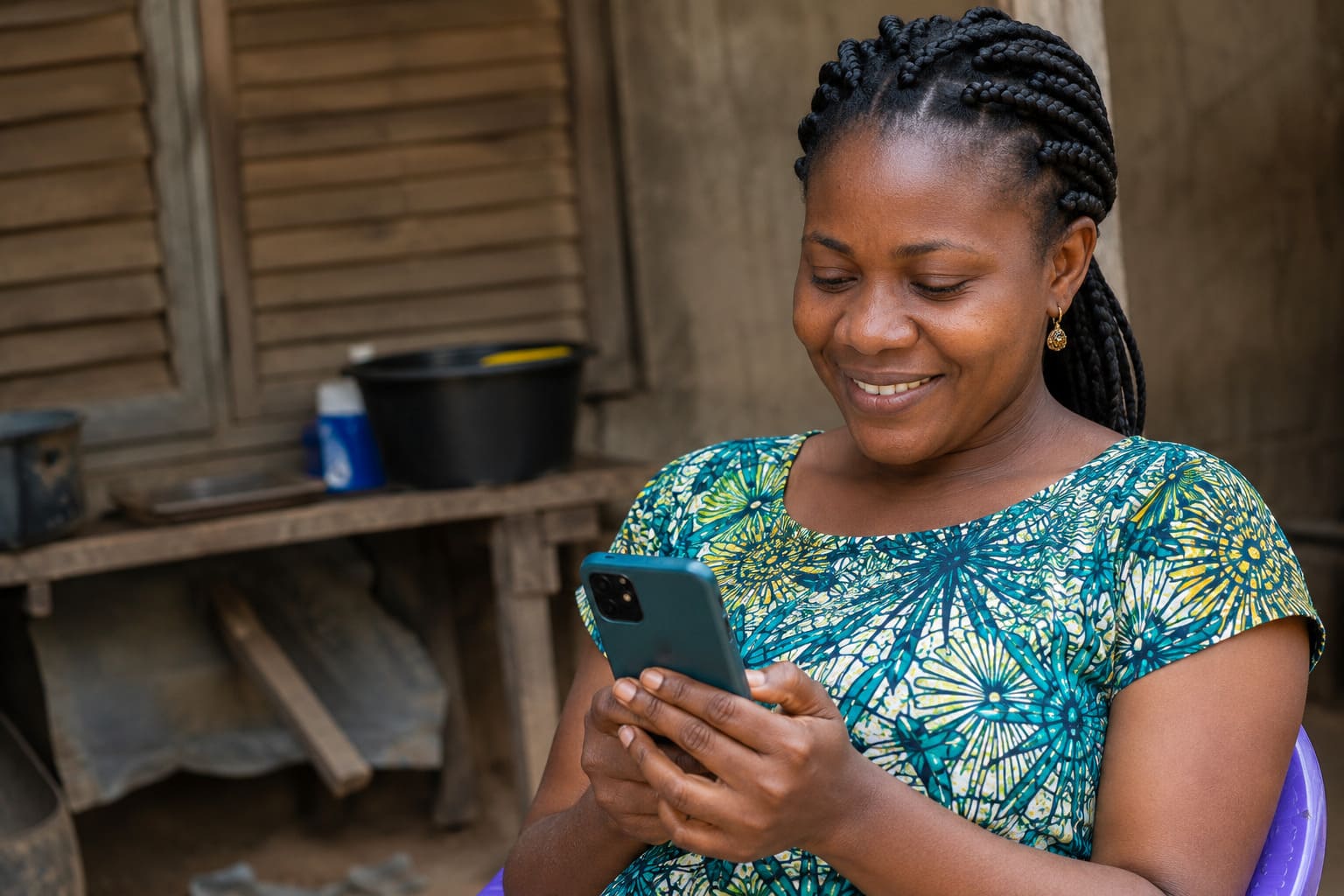 A woman smiling while reading a message on her phone