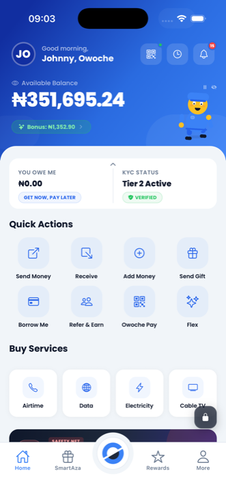 Owoche dashboard in light mode with balance and quick actions