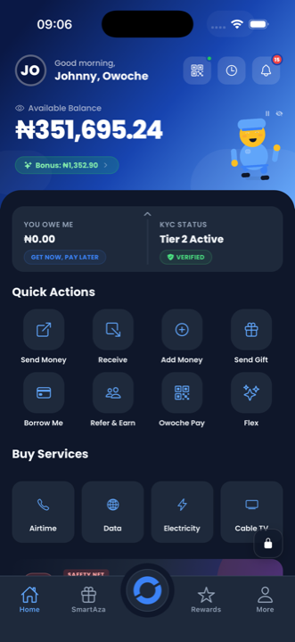 Owoche dashboard with balance, quick actions, and bill payment options