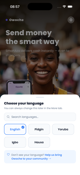 Owoche language picker showing English, Pidgin, Yoruba, Igbo, Hausa