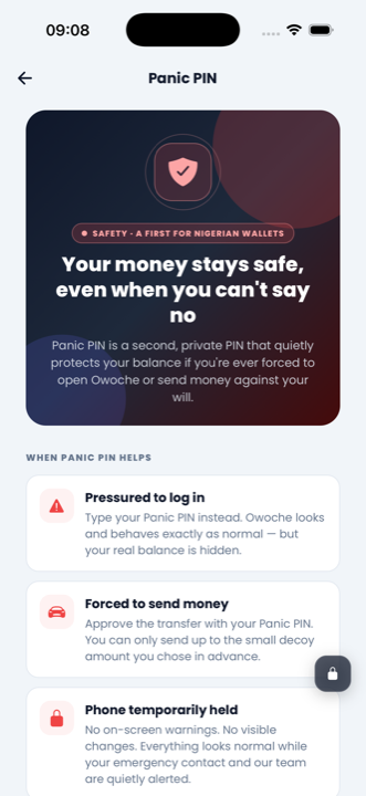 Owoche Panic PIN explainer — when it helps: pressured to log in, forced to send money, phone temporarily held