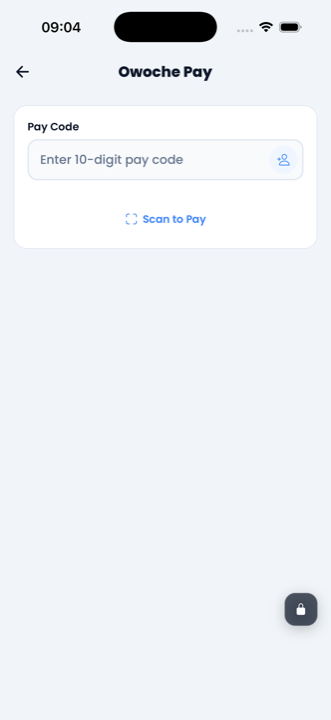 Owoche Pay screen — enter pay code or scan QR