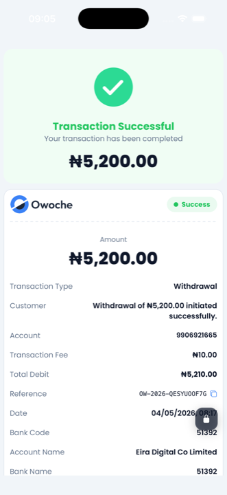 Owoche transaction receipt with amount, fee, reference and bank details