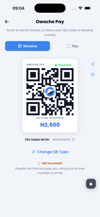 Receive money via Owoche Pay — share your QR with a preloaded amount