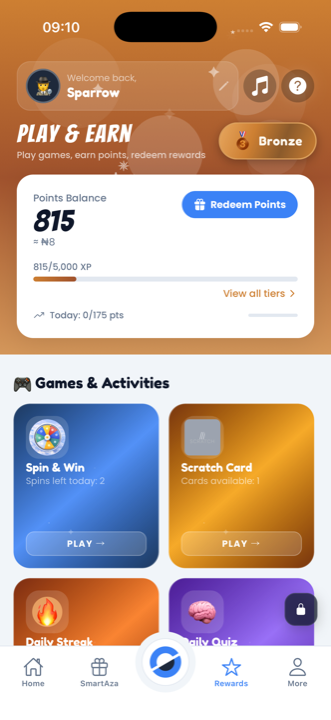 Play & Earn rewards screen with points balance, daily streak, scratch card and spin & win