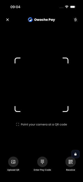 Owoche Pay camera view — point at a QR code to send
