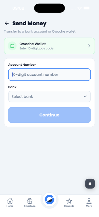 Owoche send money screen with Owoche Wallet and bank transfer options