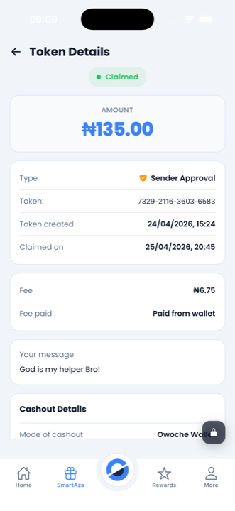 SmartAza token details — claimed status, amount, sender approval, message