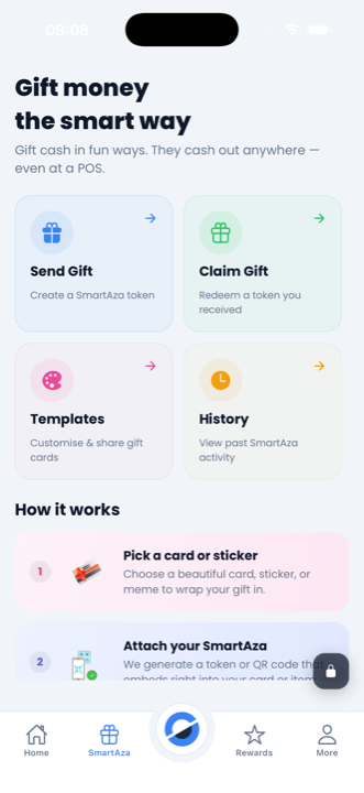 SmartAza home — Send Gift, Claim Gift, Templates and History