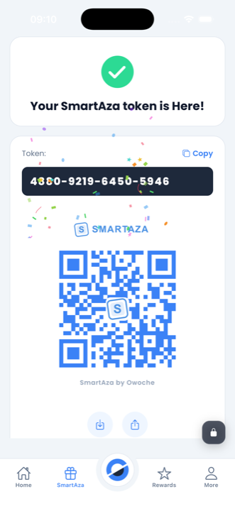Your SmartAza token is here — token code with QR for sharing